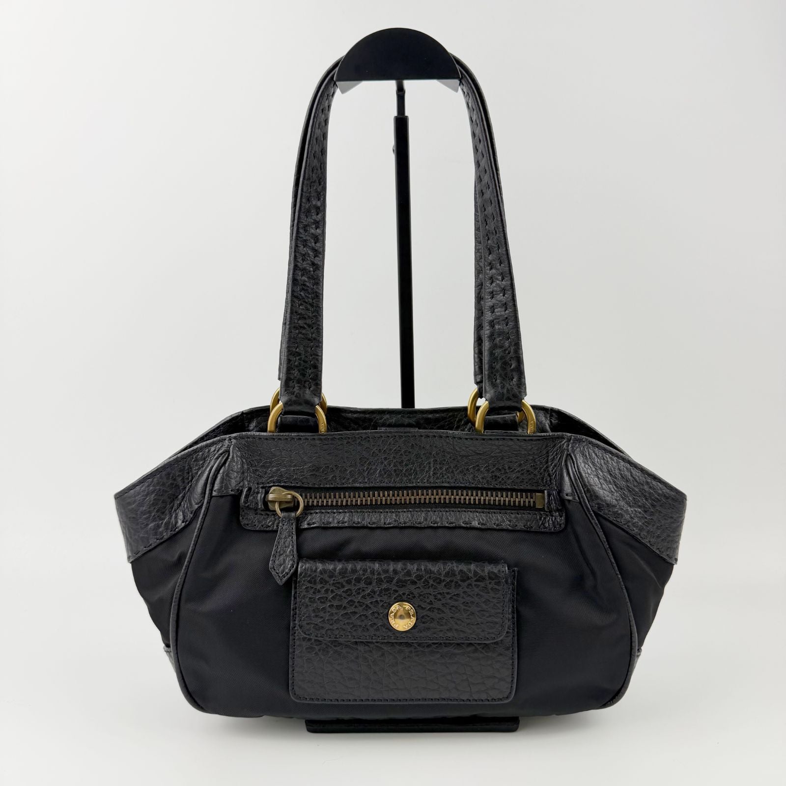 Prada Tessuto Mini Boston Handbag Nylon Leather Black Gold Vintage — view 3