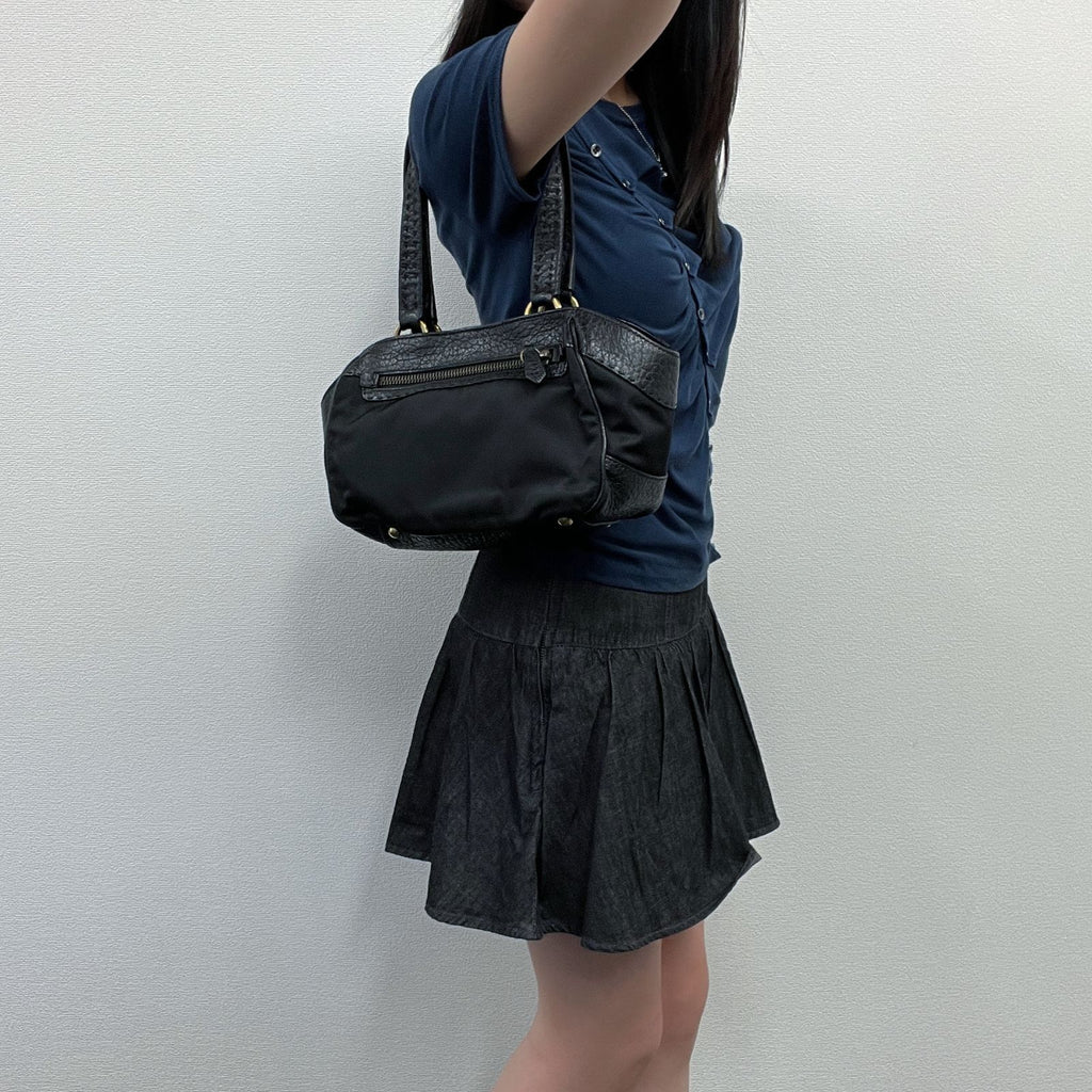 Prada Tessuto Mini Boston Handbag Nylon Leather Black Gold Vintage