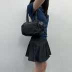 Prada Tessuto Mini Boston Handbag Nylon Leather Black Gold Vintage
