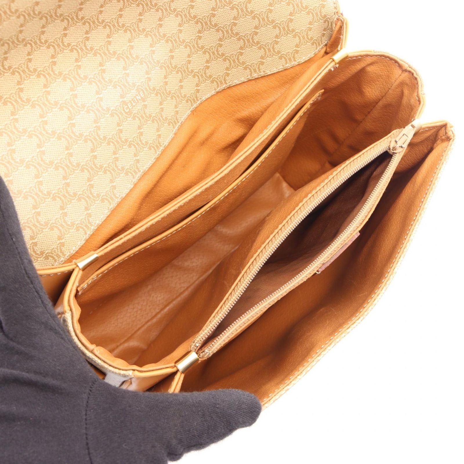 Celine Shoulder Bag Macadam Beige Canvas Leather — view 3