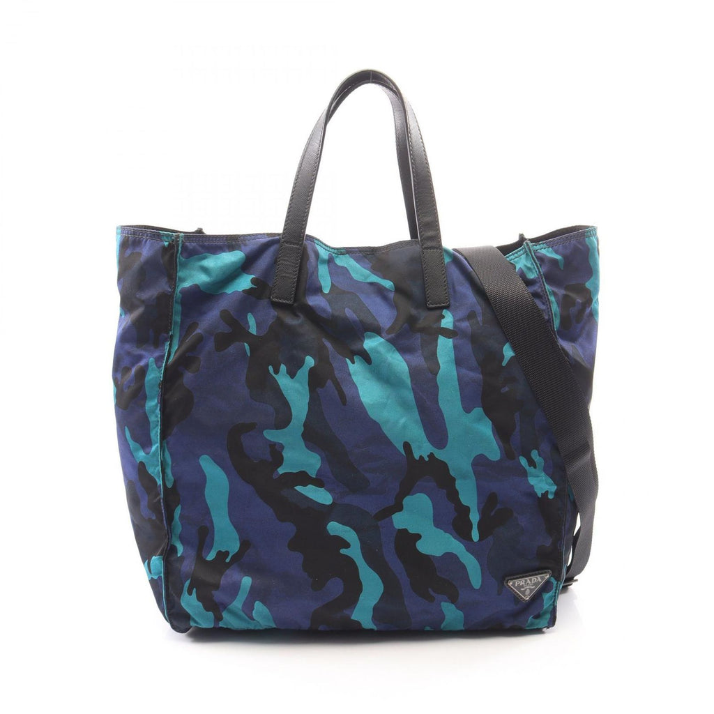Prada Tote Triangle Logo Camouflage 2-Way Blue Black Nylon Saffiano Leather
