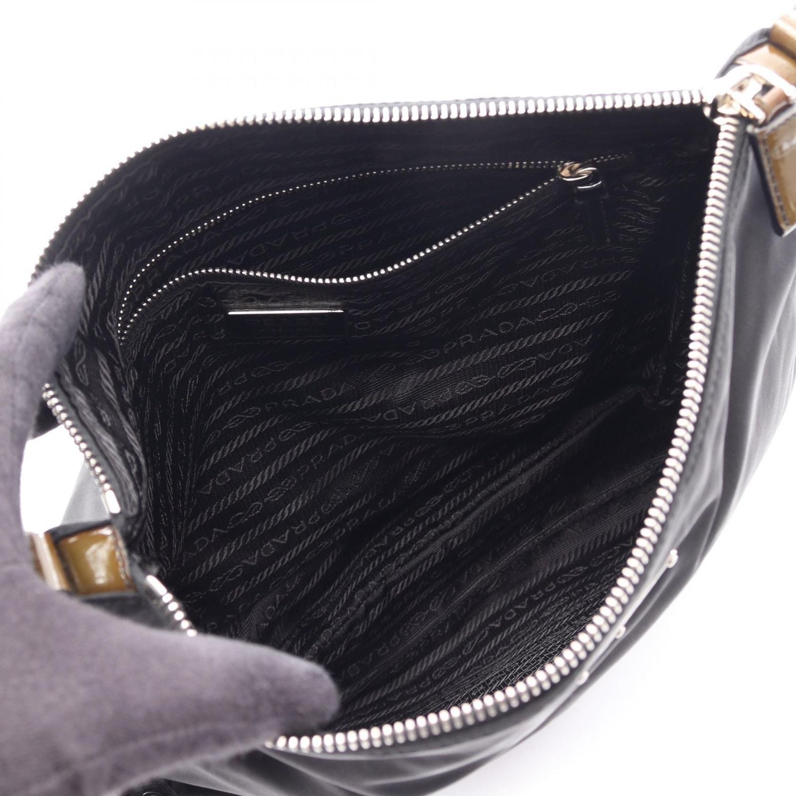 Prada Shoulder Bag Tessuto Black Khaki Nylon Patent Triangle Logo — view 3