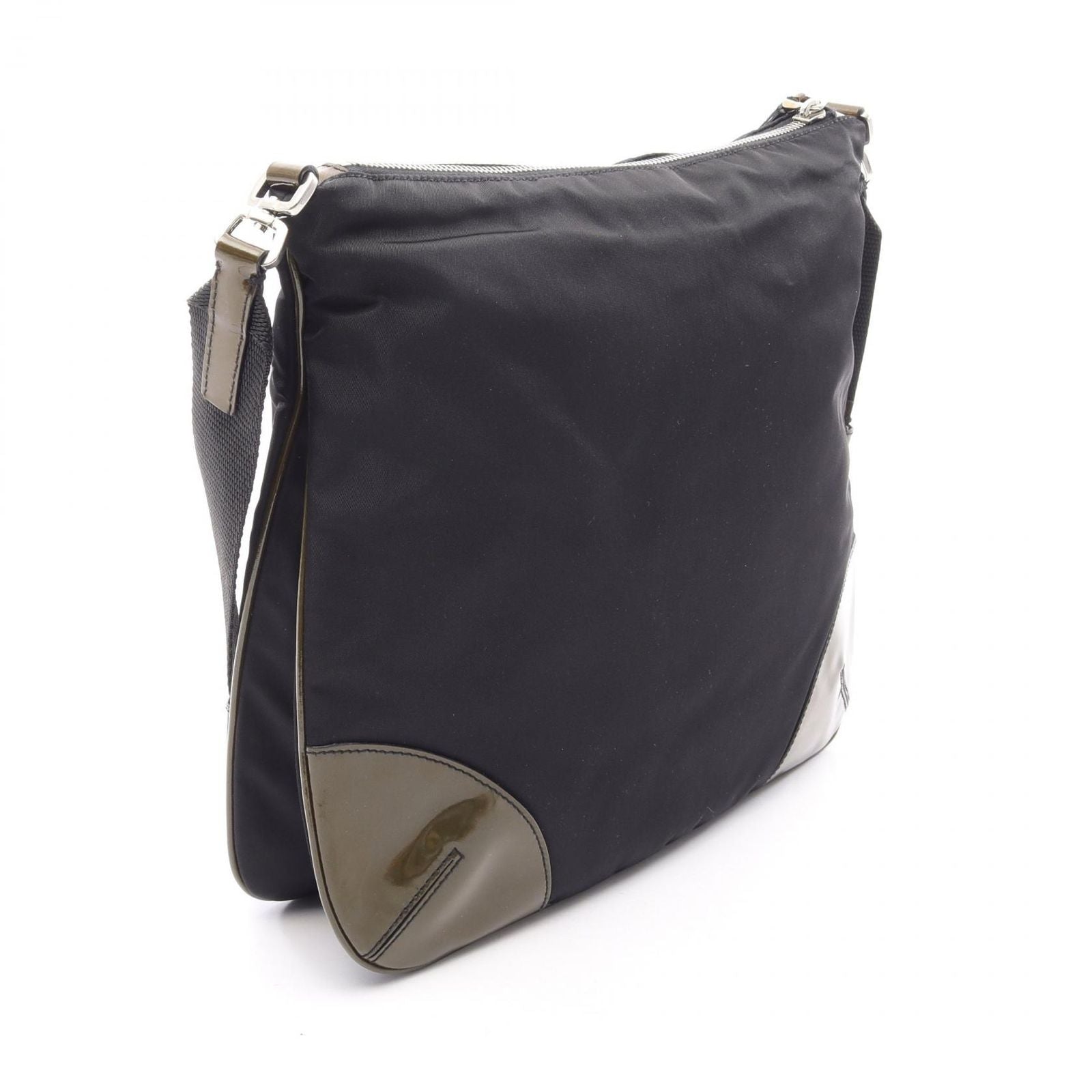 Prada Shoulder Bag Tessuto Black Khaki Nylon Patent Triangle Logo — view 2