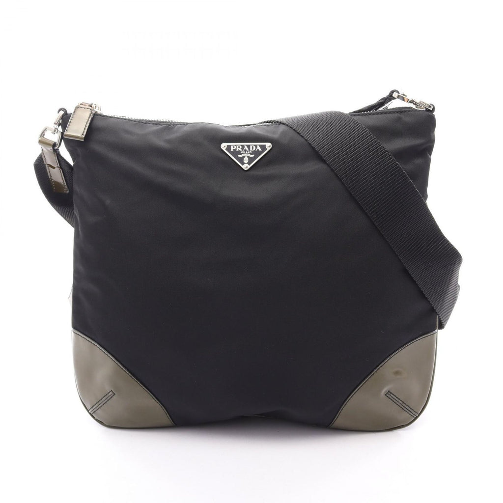 Prada Shoulder Bag Tessuto Black Khaki Nylon Patent Triangle Logo