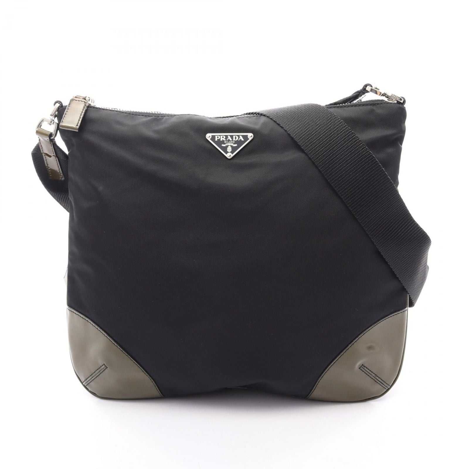 Prada Shoulder Bag Tessuto Black Khaki Nylon Patent Triangle Logo