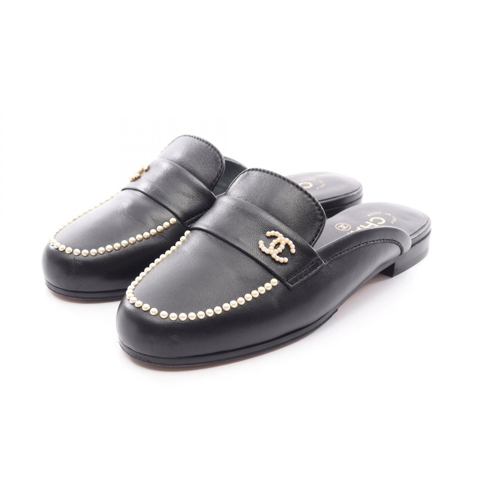 Chanel Mules CC Logo Pearl Leather Sandals