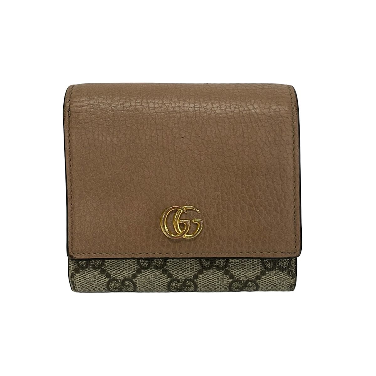 Gucci Bifold Wallet GG Marmont Plus Supreme Pink Beige Dark Brown L-shaped
