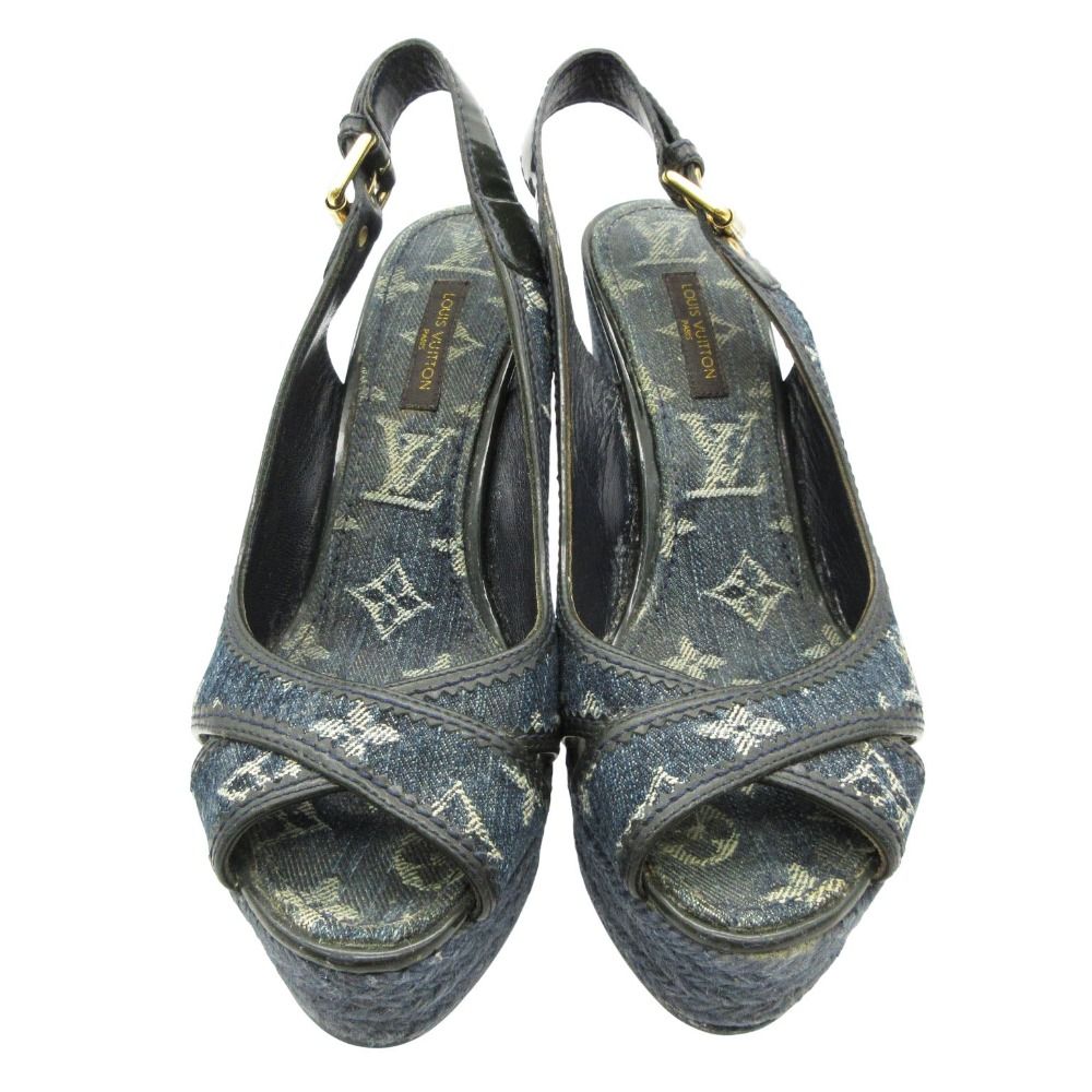 Louis Vuitton Sandals Monogram Denim Wedge Sole Espadrilles Jute Sling Back — view 4