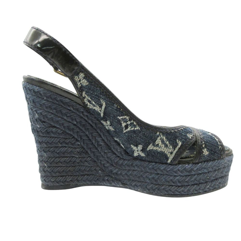 Louis Vuitton Sandals Monogram Denim Wedge Sole Espadrilles Jute Sling Back — view 3