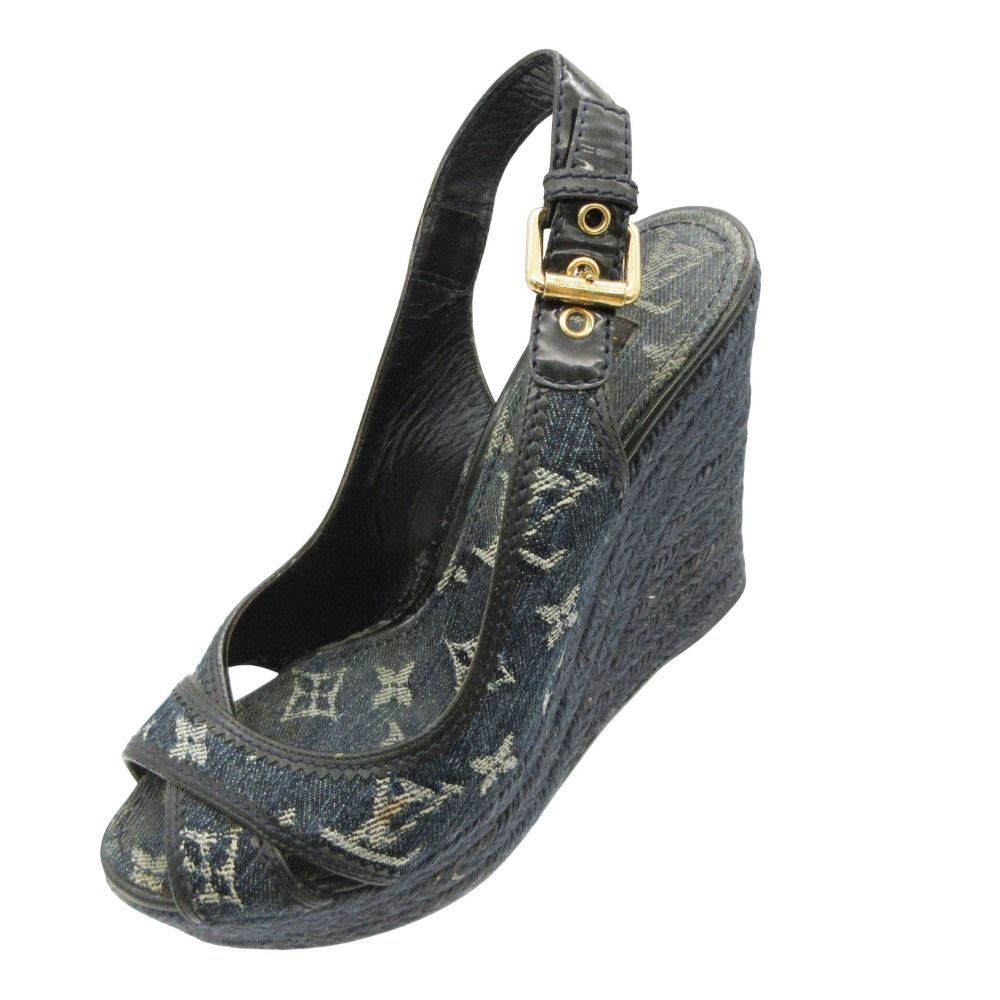 Louis Vuitton Sandals Monogram Denim Wedge Sole Espadrilles Jute Sling Back