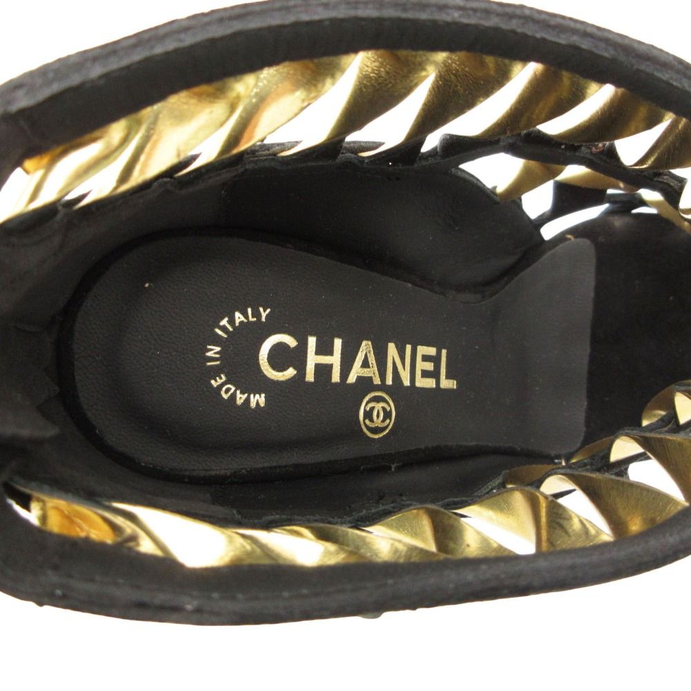 Chanel Sandals Suede Wedge Sole Shoes High Heels Black Gold 34c — view 5