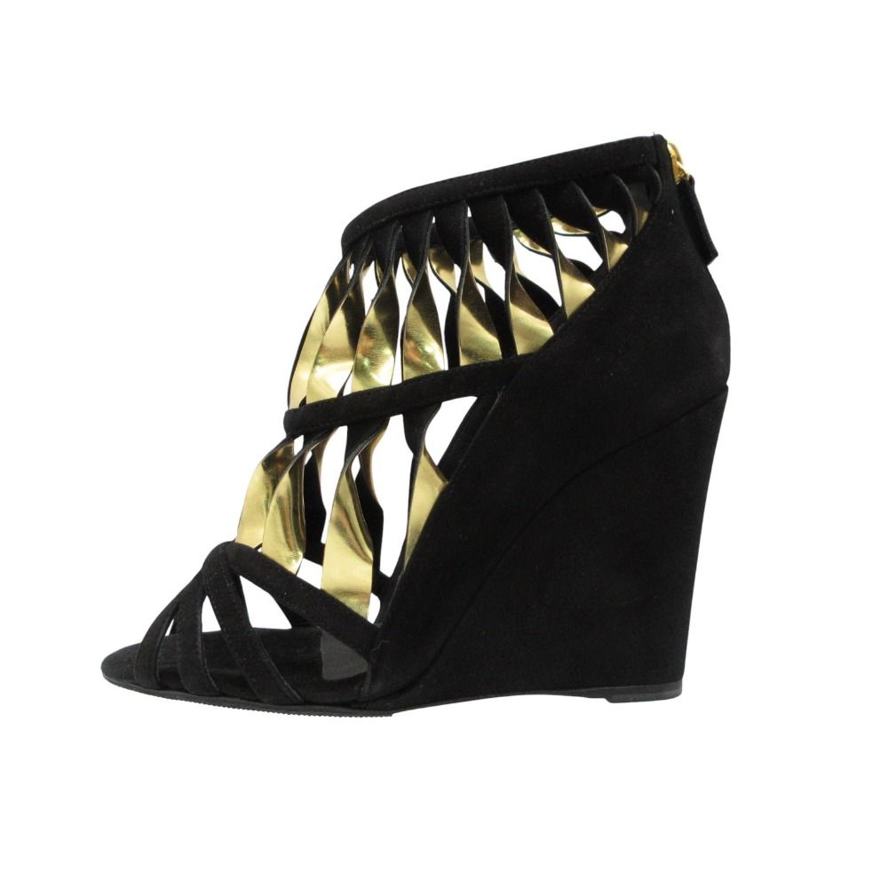 Chanel Sandals Suede Wedge Sole Shoes High Heels Black Gold 34c