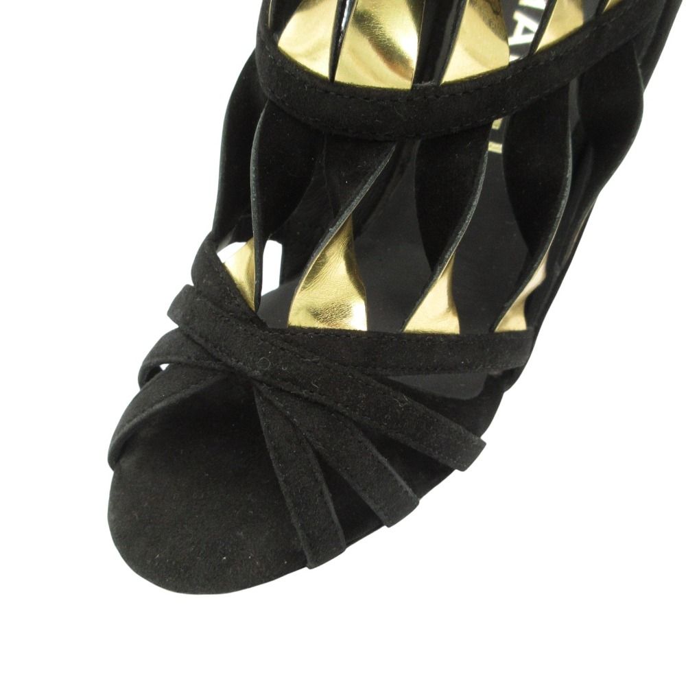 Chanel Sandals Suede Wedge Sole Shoes High Heels Black Gold 34c — view 9