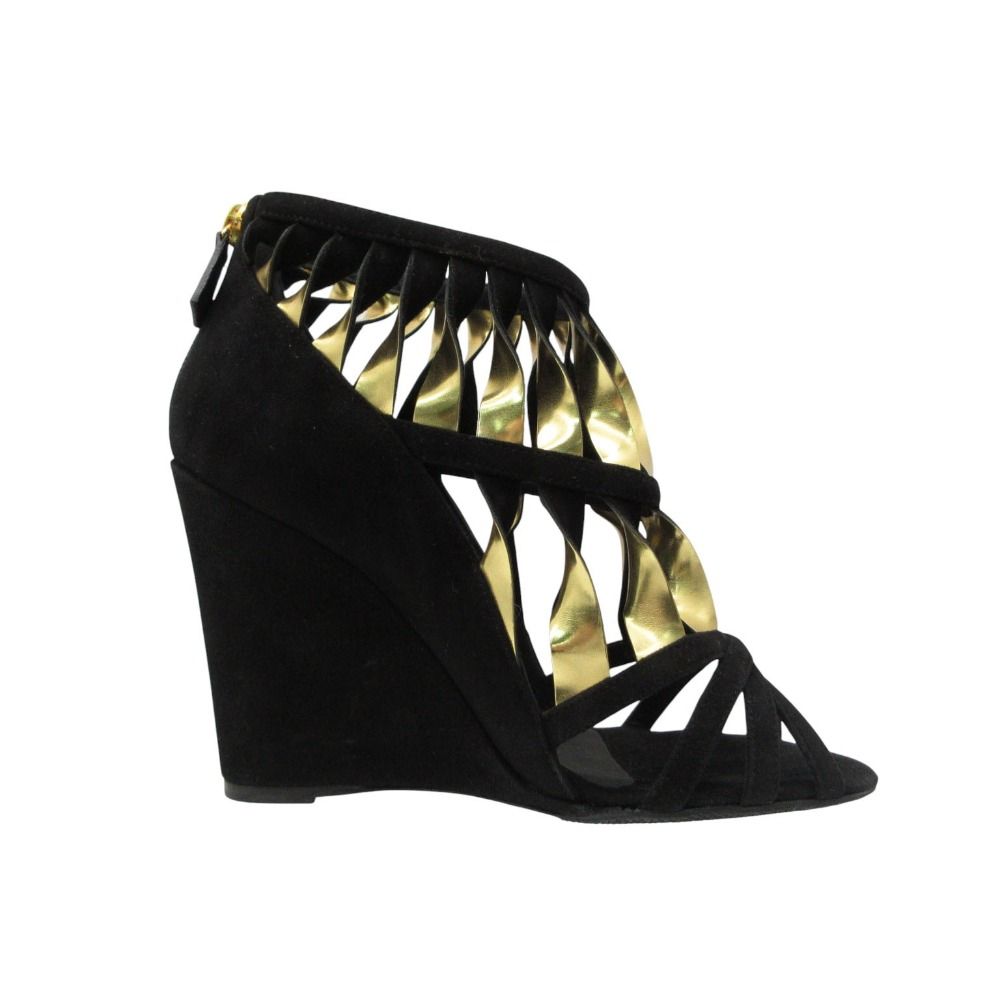 Chanel Sandals Suede Wedge Sole Shoes High Heels Black Gold 34c — view 2