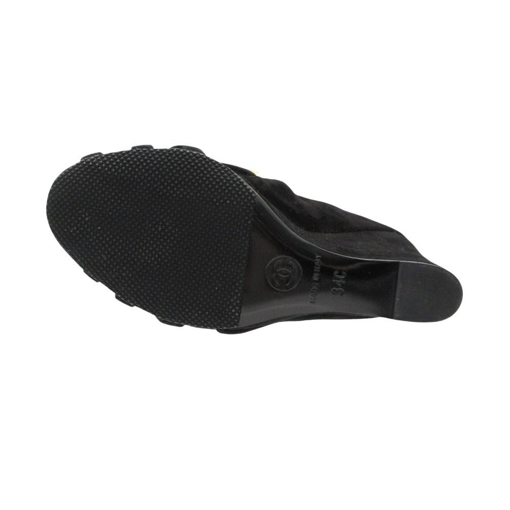 Chanel Sandals Suede Wedge Sole Shoes High Heels Black Gold 34c — view 6