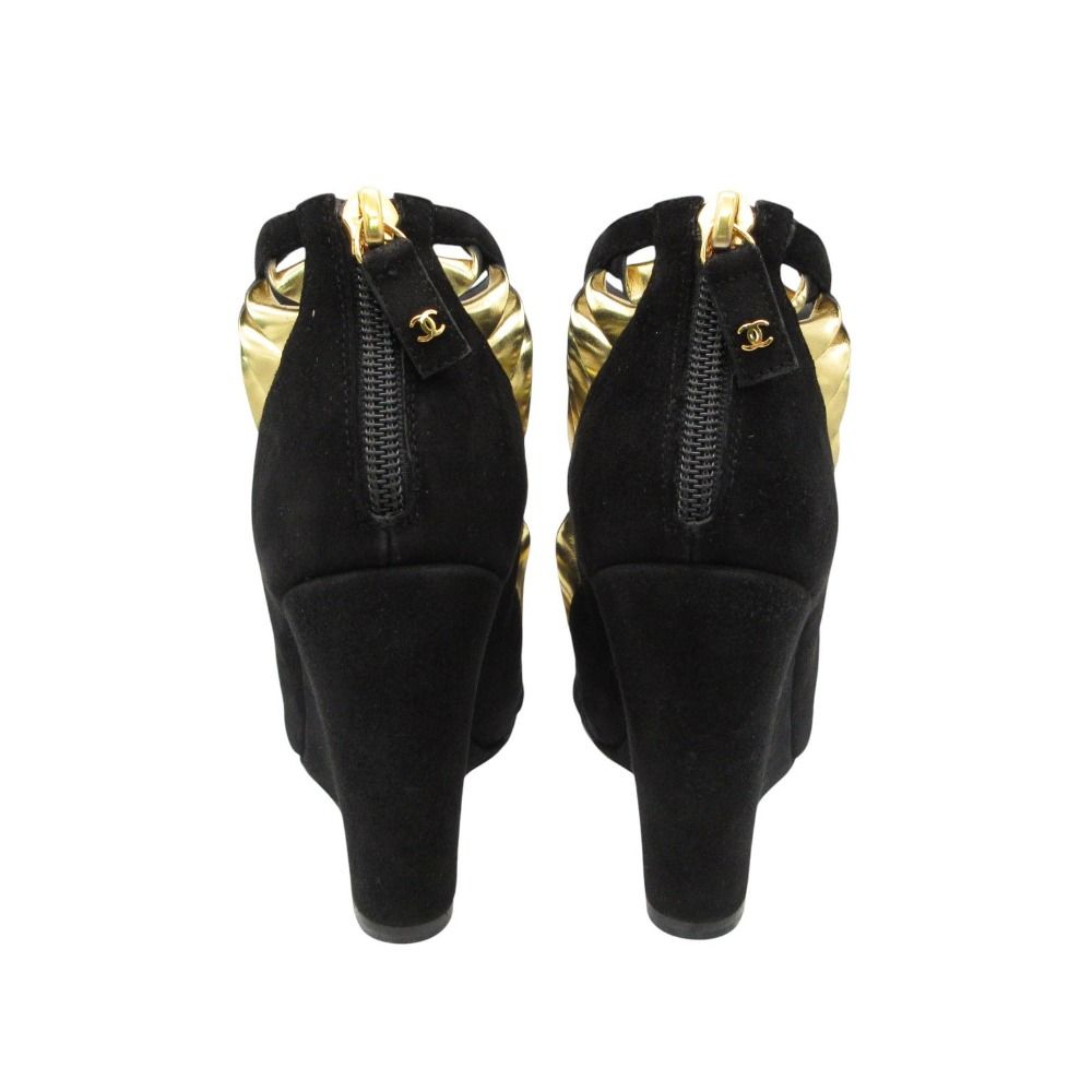 Chanel Sandals Suede Wedge Sole Shoes High Heels Black Gold 34c — view 4