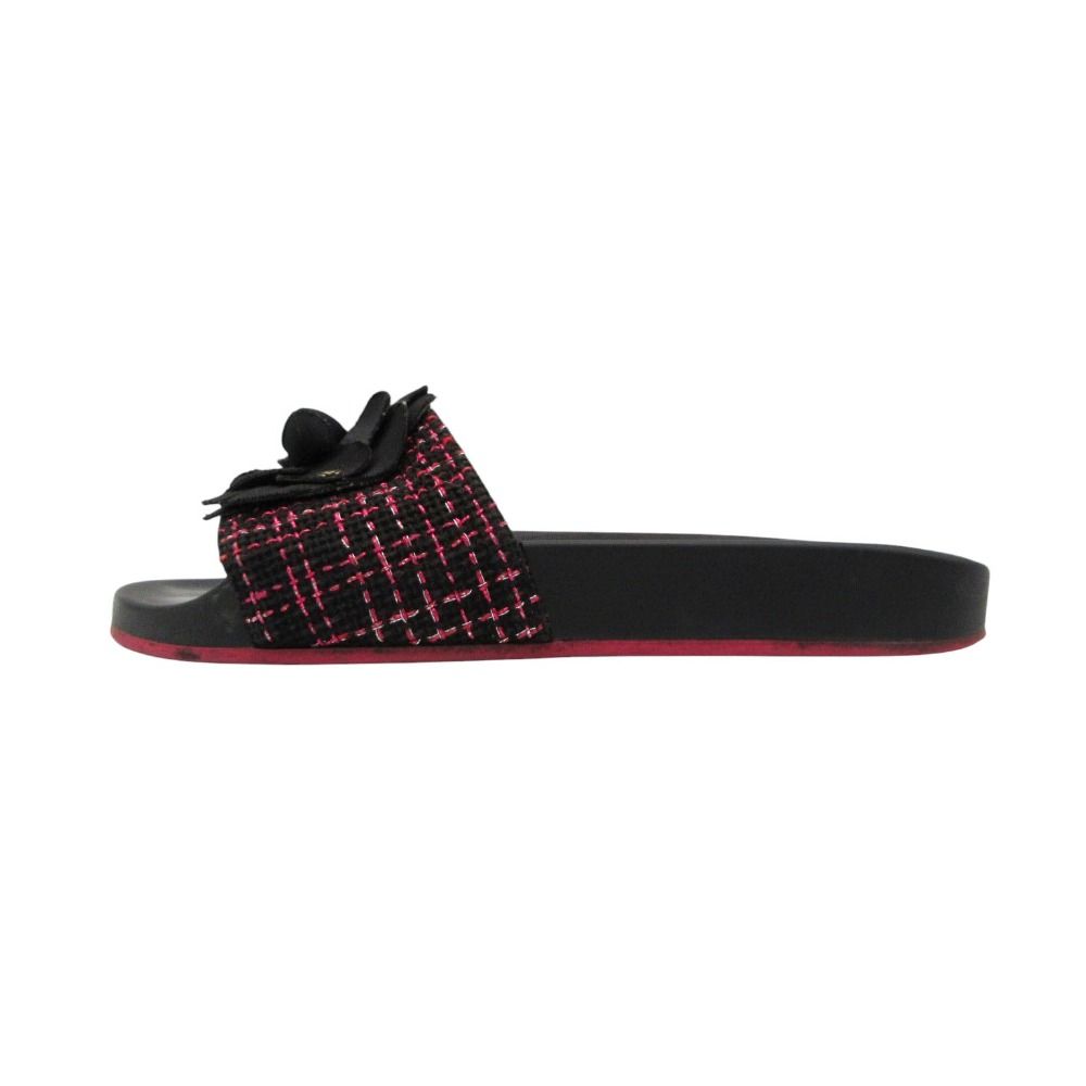 Chanel Sandals Shower Tweed Fabric CC Logo Camellia Black Pink — view 2