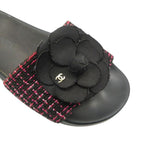 Chanel Sandals Shower Tweed Fabric CC Logo Camellia Black Pink — view 7