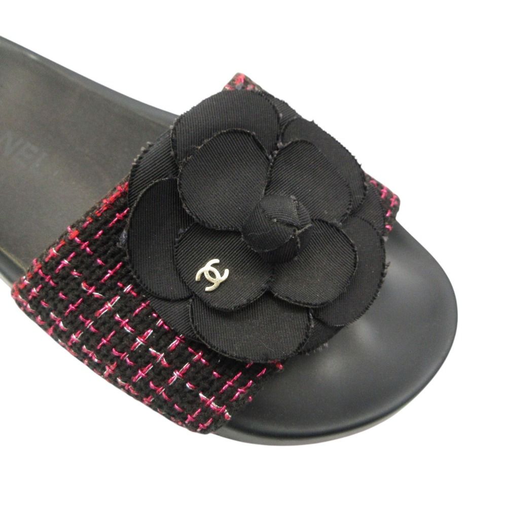 Chanel Sandals Shower Tweed Fabric CC Logo Camellia Black Pink — view 7