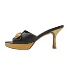 Chanel Sandals CC Logo Buckle Leather Mules High Heels Shoes Black 36 2 1