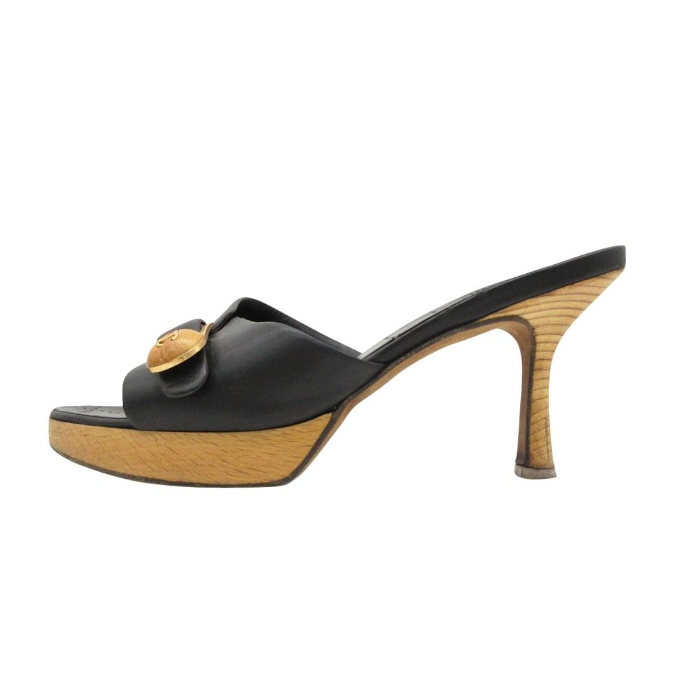 Chanel Sandals CC Logo Buckle Leather Mules High Heels Shoes Black 36 2 1