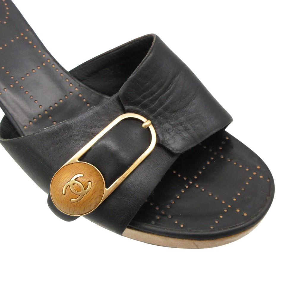 Chanel Sandals CC Logo Buckle Leather Mules High Heels Shoes Black 36 2 1 — view 7