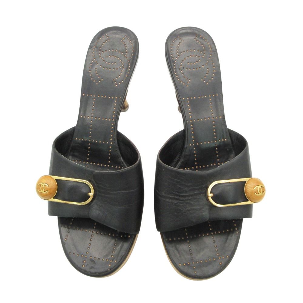 Chanel Sandals CC Logo Buckle Leather Mules High Heels Shoes Black 36 2 1 — view 3
