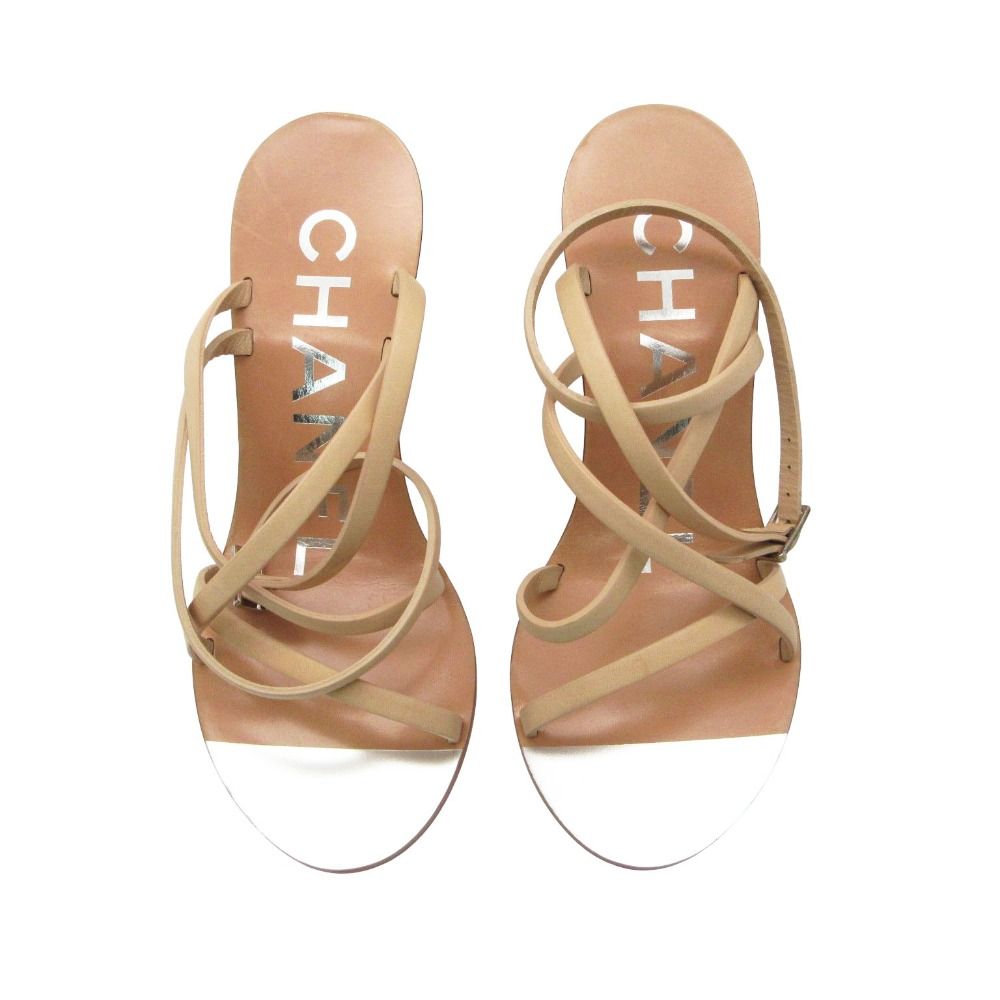 Chanel Sandals Wood Wedge Sole Ankle Strap CC Logo Beige 34c — view 2