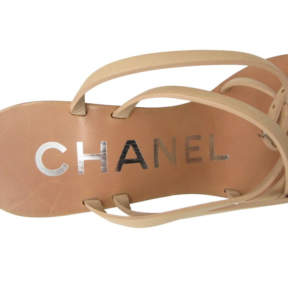 Chanel Sandals Wood Wedge Sole Ankle Strap CC Logo Beige 34c — view 4