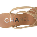 Chanel Sandals Wood Wedge Sole Ankle Strap CC Logo Beige 34c — view 4