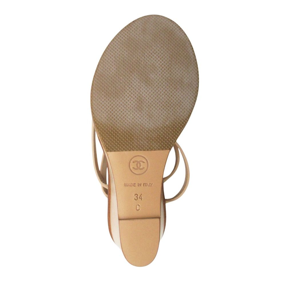Chanel Sandals Wood Wedge Sole Ankle Strap CC Logo Beige 34c — view 5