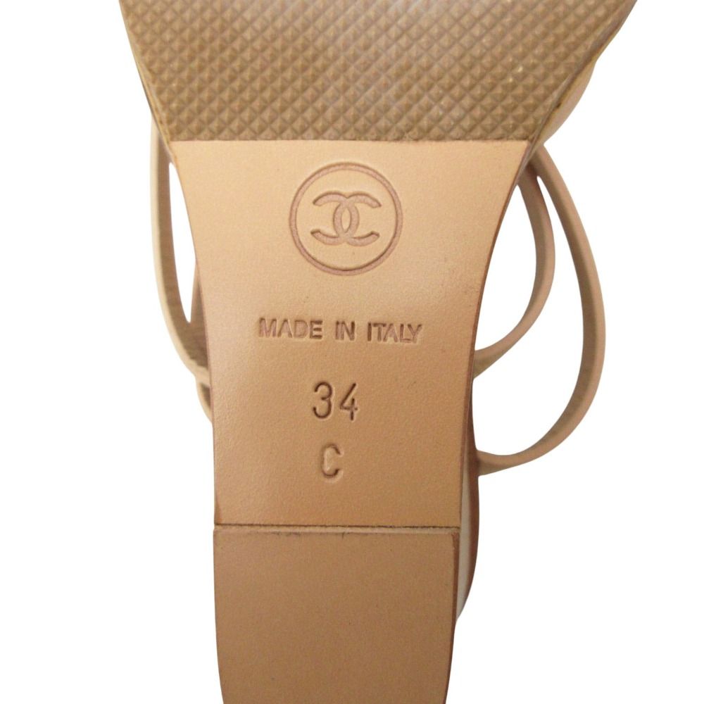 Chanel Sandals Wood Wedge Sole Ankle Strap CC Logo Beige 34c — view 6