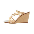 Chanel Sandals Wood Wedge Sole Ankle Strap CC Logo Beige 34c