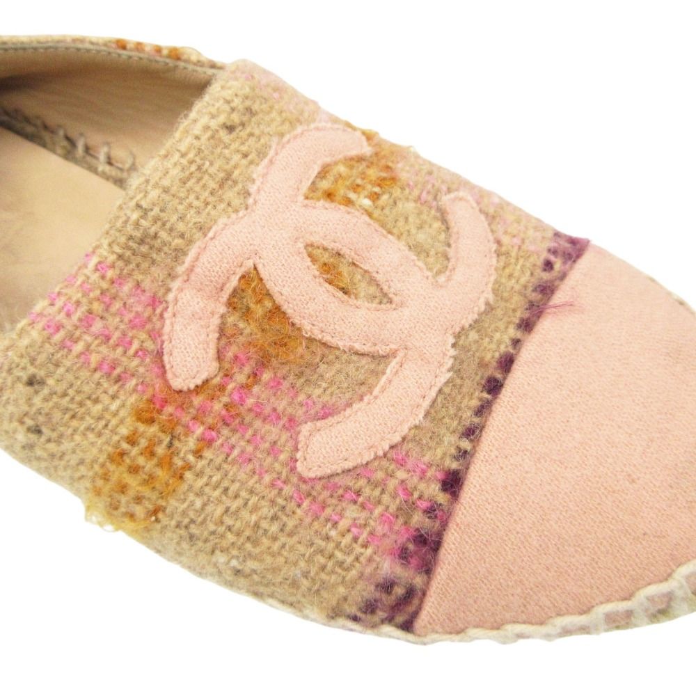 Chanel Slip on Espadrilles CC Logo Flat Shoes Hemp Wool Check Tweed Pink — view 8