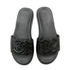 Chanel Beach Sandals Slide Flat CC Logo Enamel Patent Leather Black
