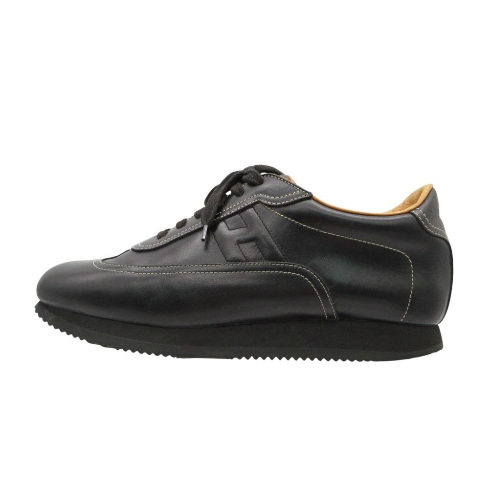 Hermes Quick Sneakers Logo Leather Shoes White Stitch Noir Black