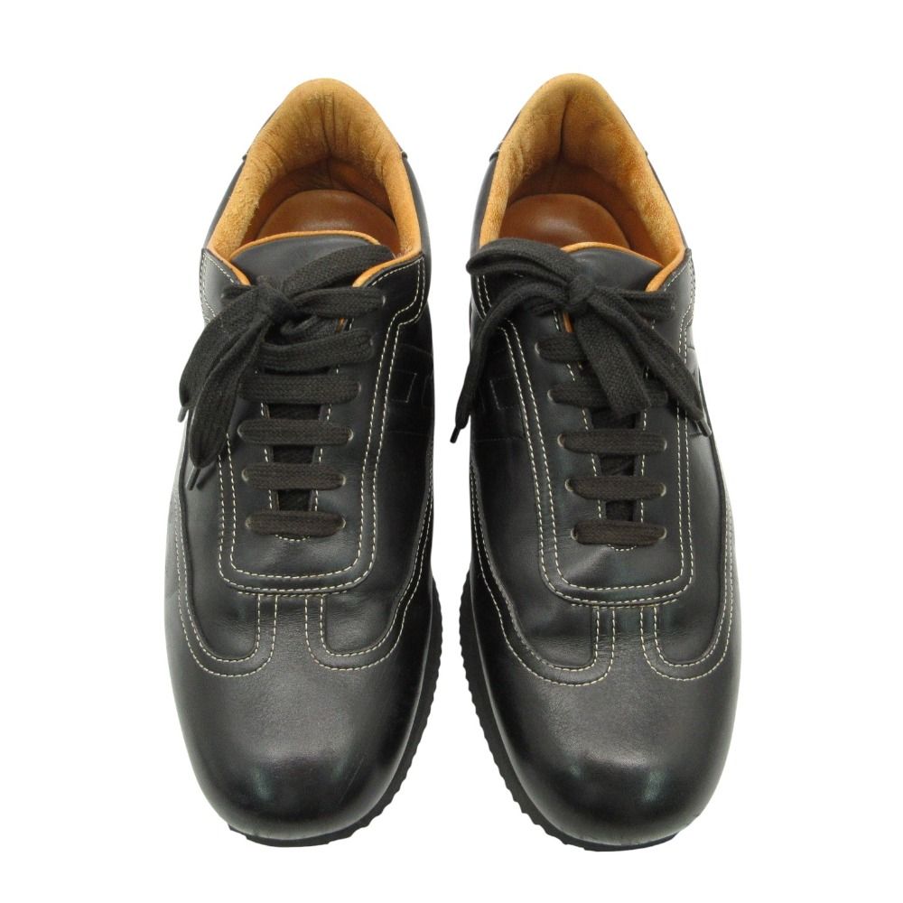 Hermes Quick Sneakers Logo Leather Shoes White Stitch Noir Black — view 3