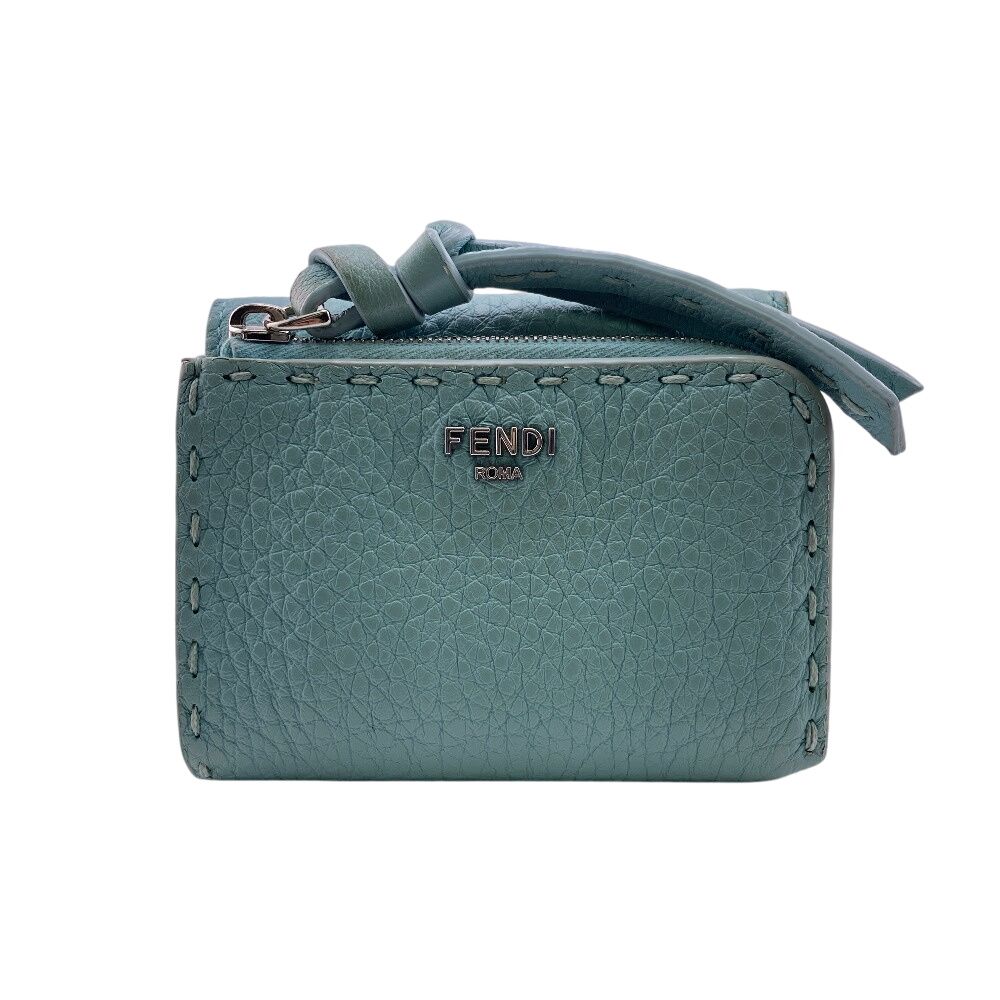 Fendi Micro L-shaped Zipper Selleria Peekaboo Leather Trifold Wallet Blue