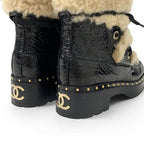 Chanel Boots Long Shoes Shearling Leather Black Beige CC Logo Processing Middle — view 9