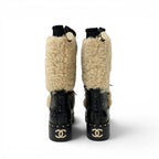Chanel Boots Long Shoes Shearling Leather Black Beige CC Logo Processing Middle — view 5