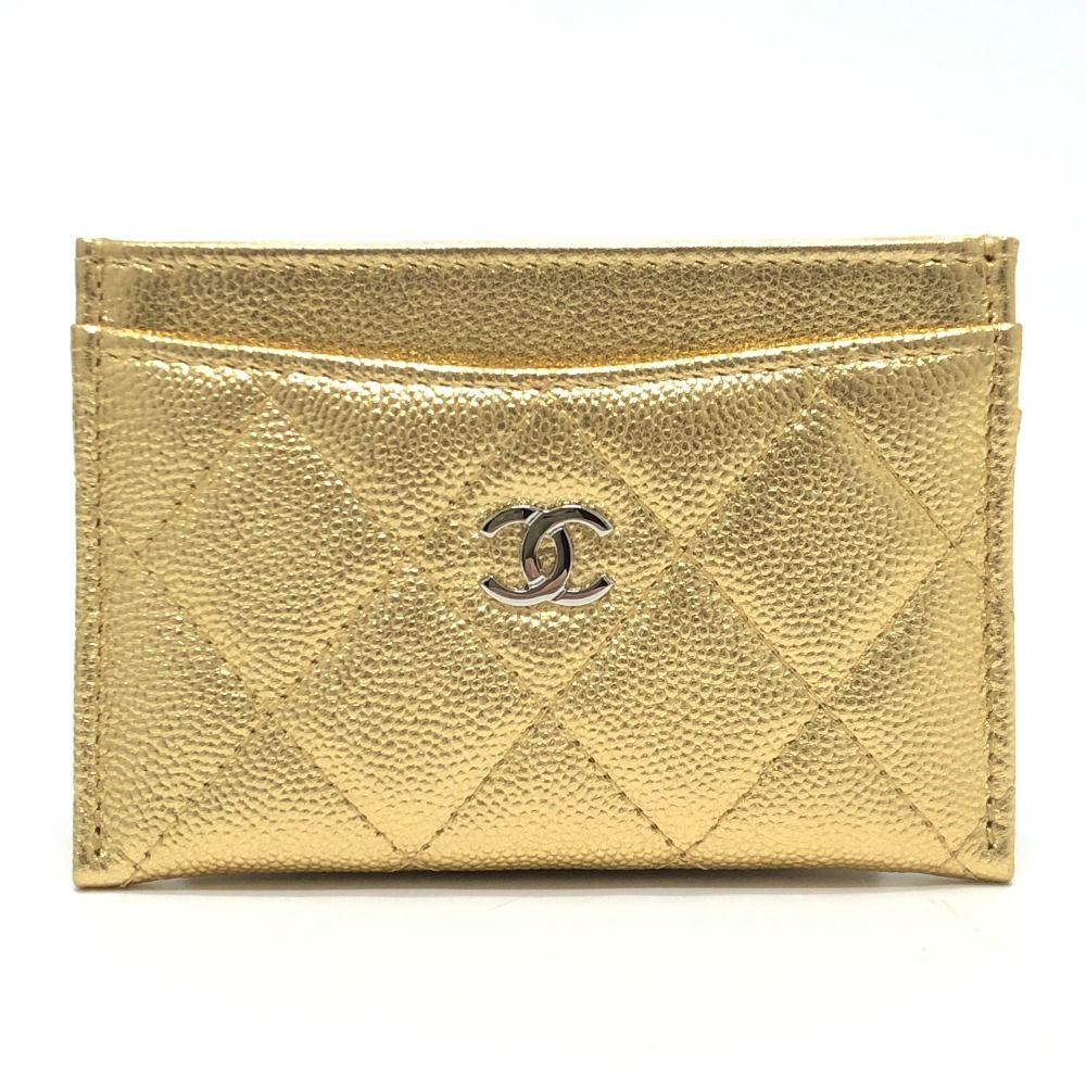 Chanel Card Case CC Logo Classic Caviar Leather Gold