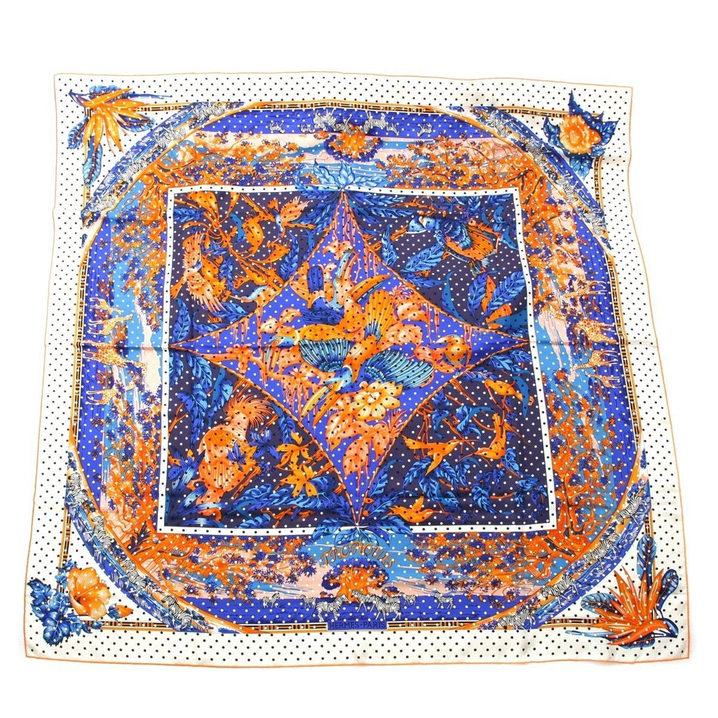 Hermes Carre 140 Silk Tropiques Tropical Scarf Blue Orange