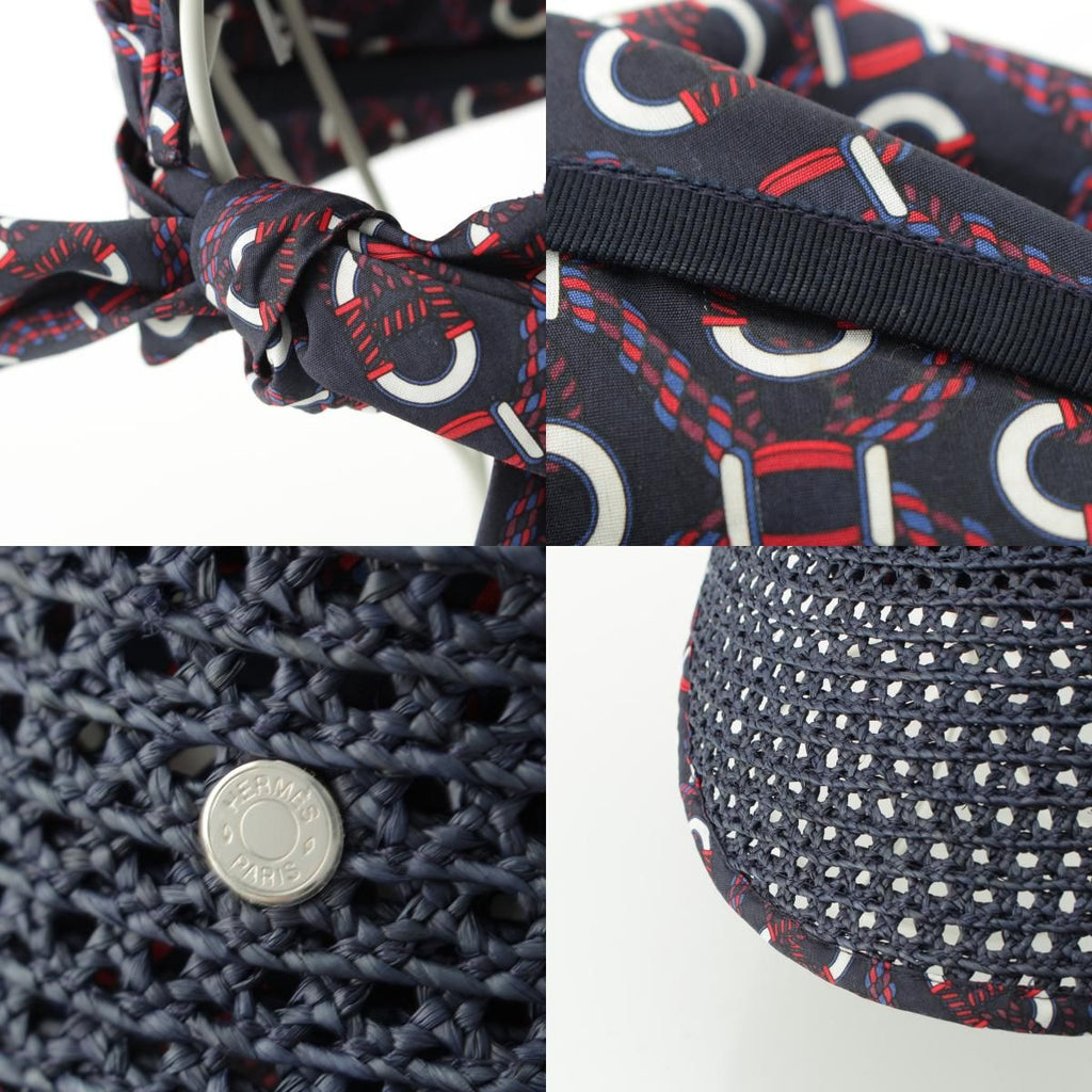 Hermes Raffia Cotton Gemini Hat Cap Navy — view 9
