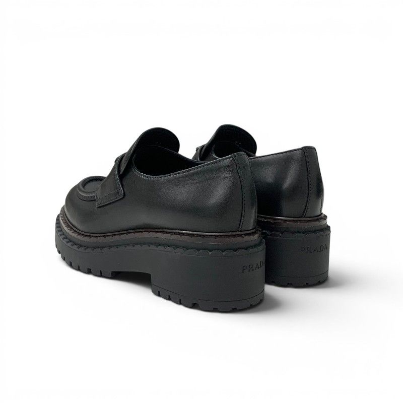 Prada Double Chocolate Loafers Leather Shoes Black Triangle Logo — view 4