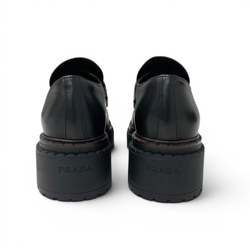 Prada Double Chocolate Loafers Leather Shoes Black Triangle Logo — view 5