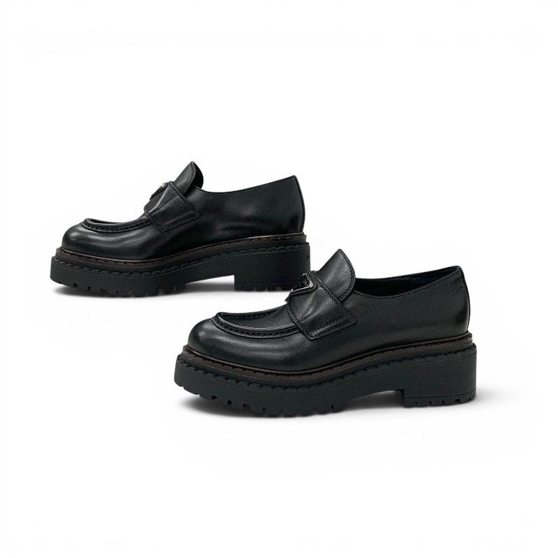 Prada Double Chocolate Loafers Leather Shoes Black Triangle Logo — view 3