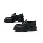Prada Double Chocolate Loafers Leather Shoes Black Triangle Logo — view 3