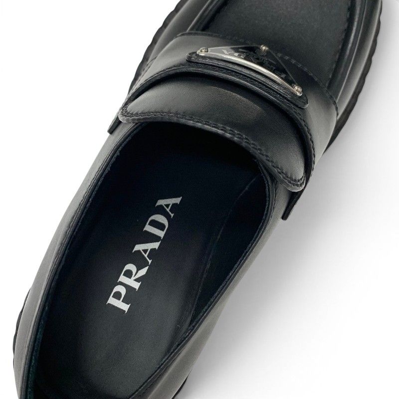Prada Double Chocolate Loafers Leather Shoes Black Triangle Logo — view 7