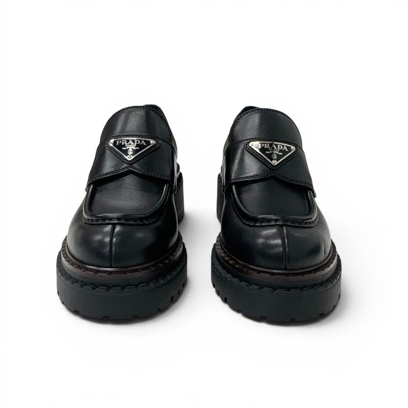 Prada Double Chocolate Loafers Leather Shoes Black Triangle Logo — view 2