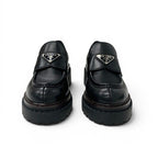 Prada Double Chocolate Loafers Leather Shoes Black Triangle Logo — view 2
